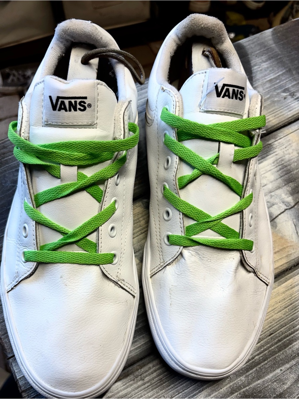 White Vans sneakers with green laces #skateboarding #skate Men size 12